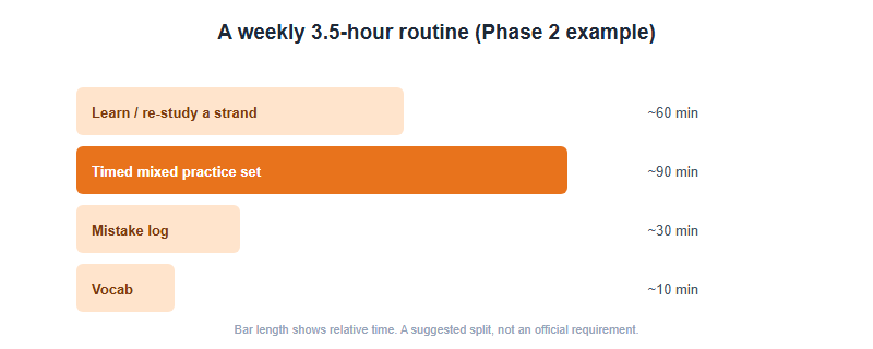 A weekly routine pie showing roughly how to split three to four hours: about one hour learning, ninety minutes timed practice, thirty minutes reviewing mistakes, and a short vocabulary review