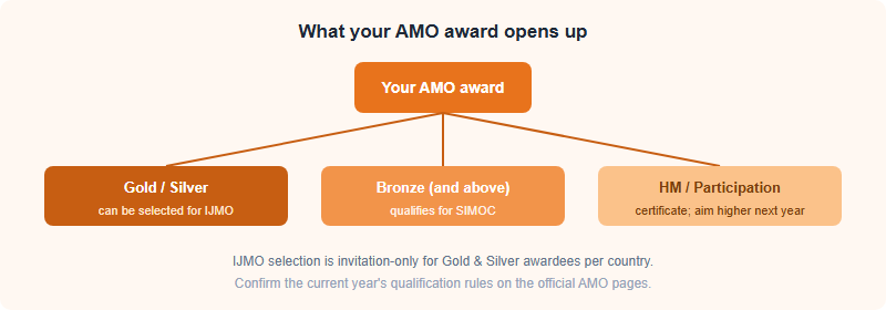 Decision tree from an AMO result: Gold or Silver can be selected for IJMO to represent their country, Bronze and above qualify for SIMOC, Honourable Mention and Participation receive a certificate