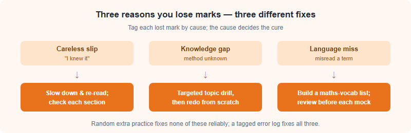 Three causes of lost AMO marks and their fixes: a careless slip needs slower checking, a knowledge gap needs a targeted topic drill, and a language miss needs maths vocabulary practice