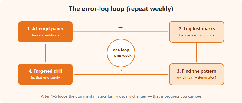 The error log cycle: attempt a paper, log each lost mark by family, find the pattern, run a targeted drill, then re-test — a repeating four-step loop