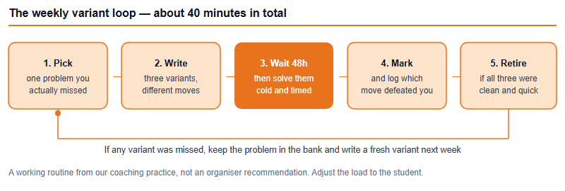 A five-stage weekly loop: pick a missed problem, write three variants, wait 48 hours and solve cold, mark and log the result, then retire the problem or rewrite the variant and repeat.