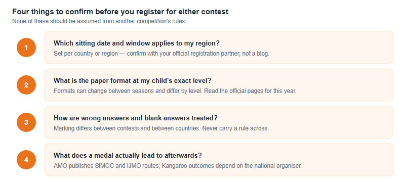 Checklist of four questions to confirm before registering for either competition: which sitting date applies to your region, what the paper format is at your child's level, how wrong answers and blanks are marked, and what a medal actually leads to